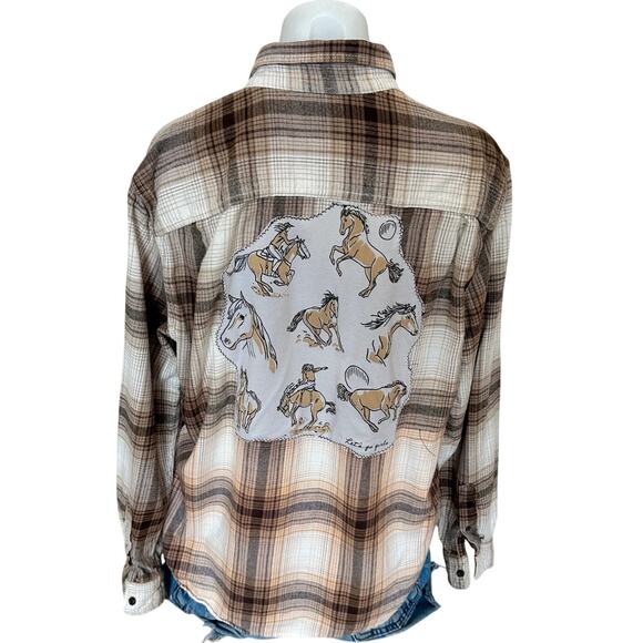 CheekyMontana Tops - Horse Girl Plaid Flannel Shirt LARGE Oversized Unique Upcycled Cowgirl Western